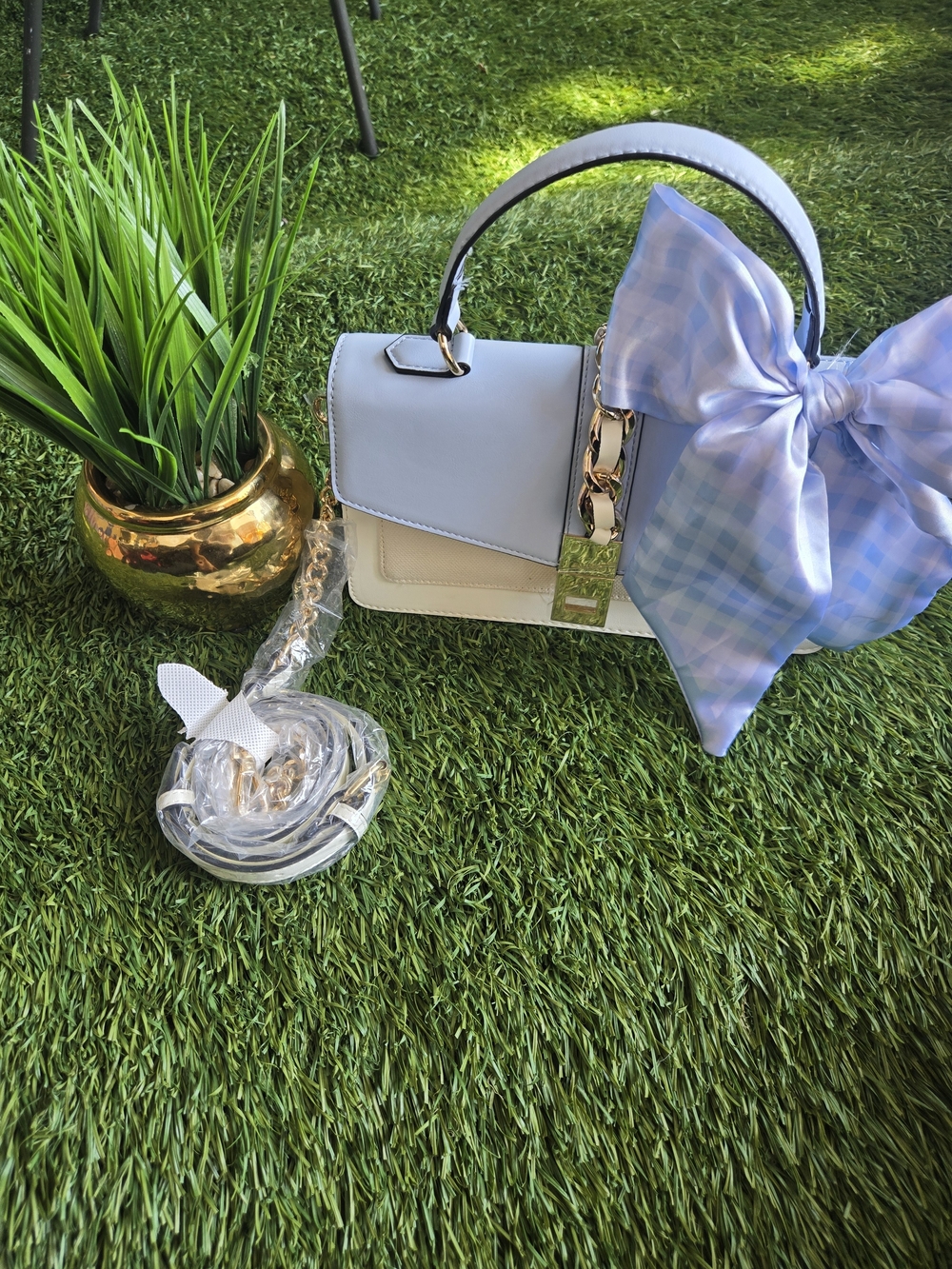 Aldo Light Blue and White Top-Handle Crossbody Bag with Bow